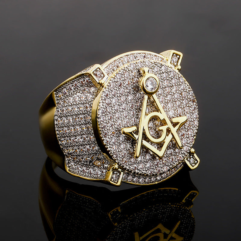 Jinao Jewelry European and American Retro AG Freemasonry Letter Ring Real Gold Electroplated Full Zircon Personality Hip-Hop Men's Ring