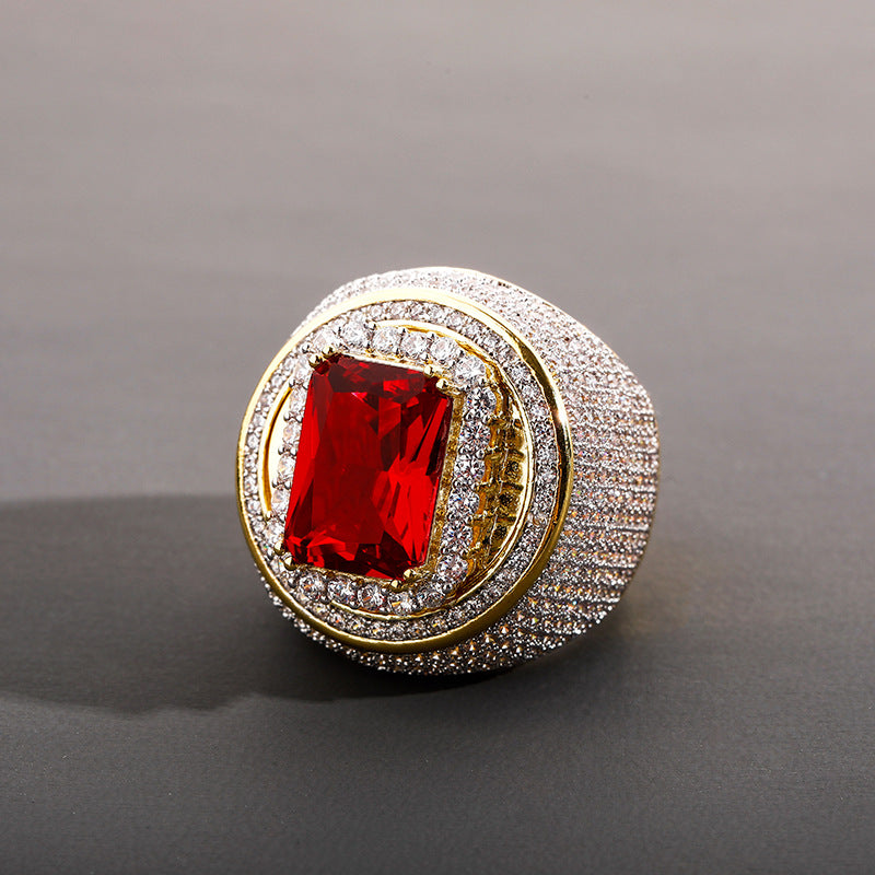 Jinao Jewelry European and American hot-selling men's full zircon ruby ??ring Super flash hip-hop ring Bling