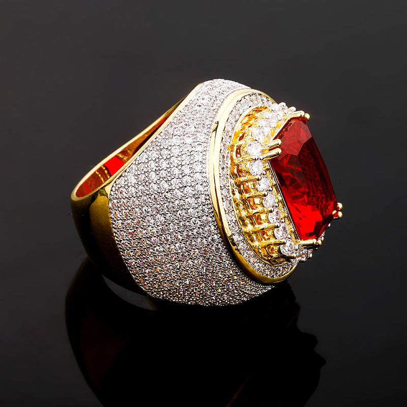 Jinao Jewelry European and American hot-selling men's full zircon ruby ??ring Super flash hip-hop ring Bling