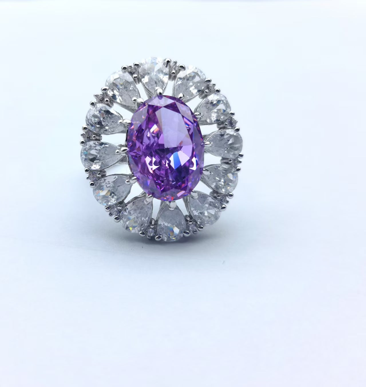 925 Silver Cubic Zirconia Egg Shape Purple Ring Ice Flower Cut High Carbon Diamond Ring