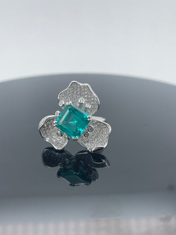 Women's Flower Shape S925 Silver Cultivated Paraiba Color Ring