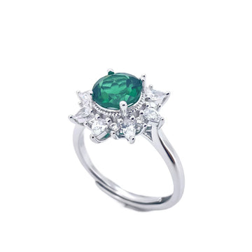 Vintage Sunflower Shape 925 Silver Cultivated Emerald Green Ring