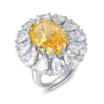 Oval Yellow Ring Ice Flower Cut High Carbon Diamond 925 Silver Cubic Zirconia Ring