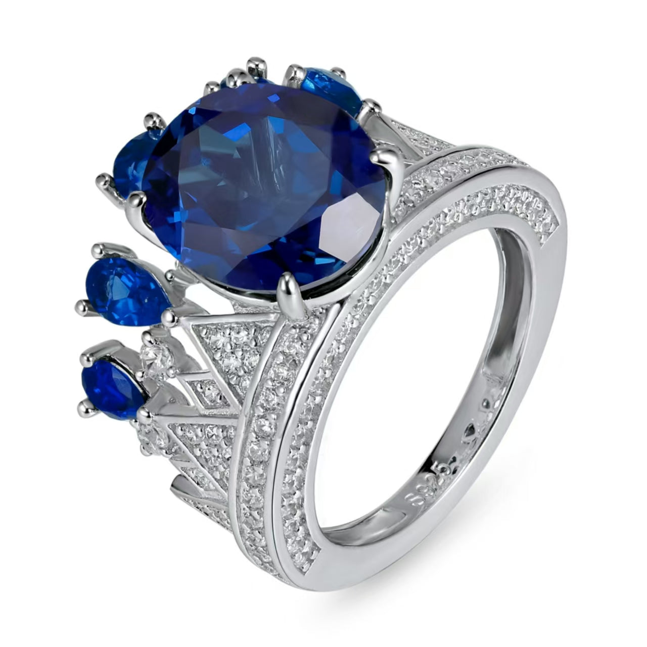 Vintage Round Cultivated Sapphire Crown Ring Women's 925 Silver Ring Set Bridal Wedding Engagement