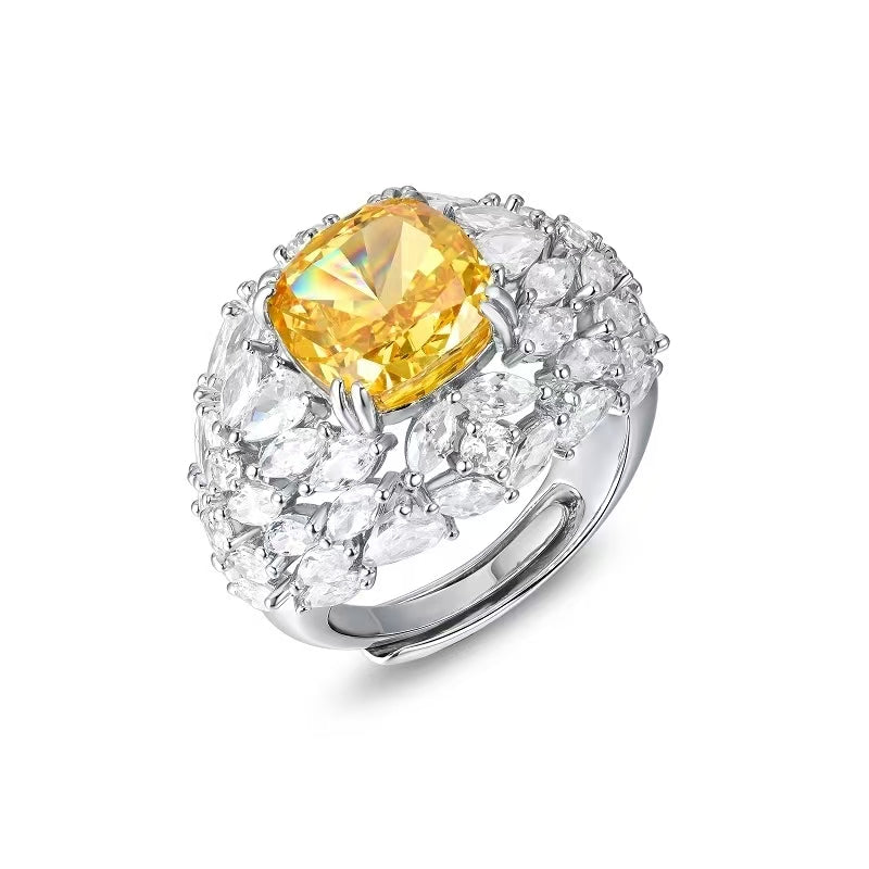 Gold Inlay Colorful Small Stone Square Cut 925 Silver Cubic Zirconia Yellow Ring