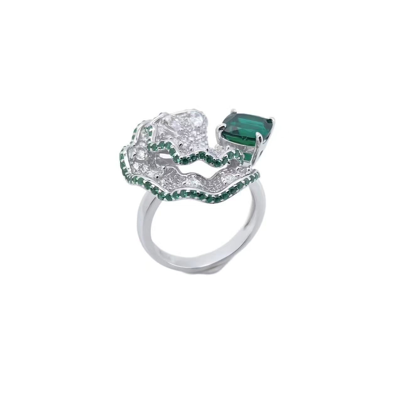 Light Luxury Fan-shaped Inlaid Cultured Emerald Ring 18K Gold PT950 Platinum Inlaid Colorful Gem Open Ring