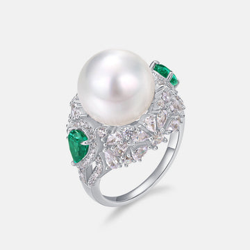 new white shell pearl ring S925 silver emerald green colored gemstone finger ring European and American light luxury retro noble temperament