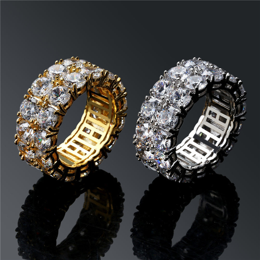 European and American  hot selling 925 silver double row zircon men and women hip-hop ring personality simple fashion accessories