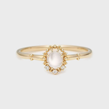 Dunli Jewelry French retro light luxury style S925 silver plated with 14K gold white moonstone and white zirconium ring