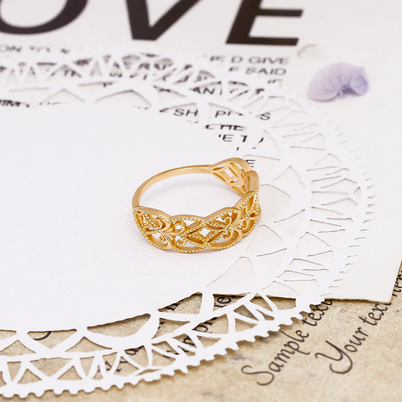 European retro palace style 925 sterling silver gold-plated hollow lace ring for women, versatile stacking branch vine ring