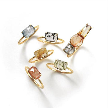 Jolics Jewelry S925 Silver Natural Rectangular Rutilated Quartz Geometric Ring Fashion Rose Cut Crystal Five Colors