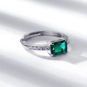 new geometric rectangular colored gemstone ring S925 silver cultivated emerald open finger ring European and American retro noble