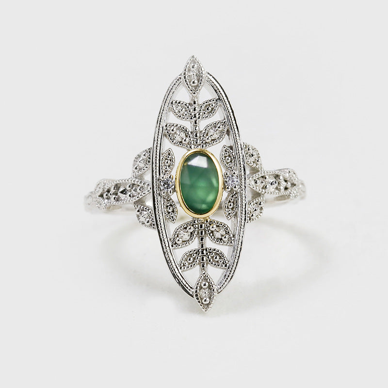 Jolics Jewelry Niche  Retro Light Luxury S925 Silver Green Chalcedony White Zircon Ring