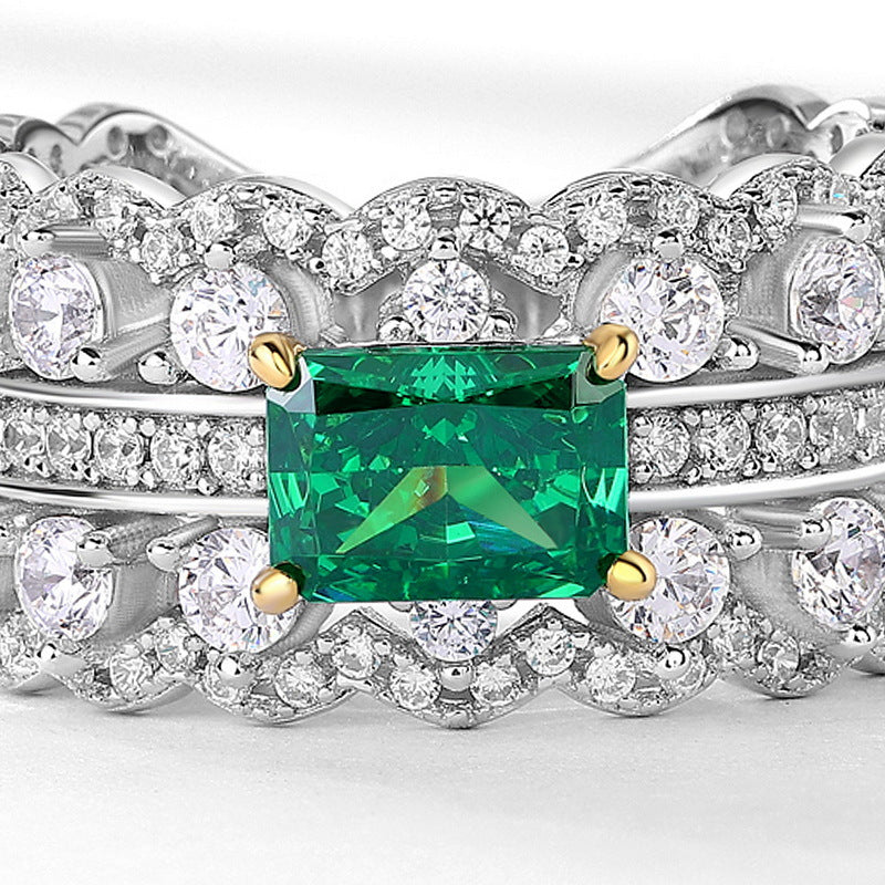 new product S925 silver emerald high carbon diamond ring double row diamond full diamond ring European and American fashion