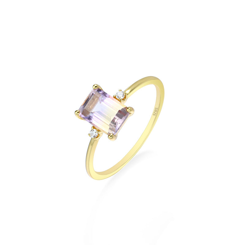 Dunli Jewelry 925 Silver Octagonal Rectangular Amethyst Ring Women Simple Geometric 14K Gold Plated Ring