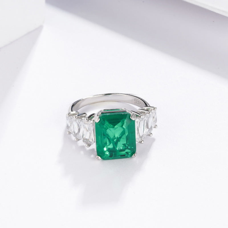 New  personality and generous cultivated colored gemstone ring S925 silver inlaid cultivated emerald colored diamond European and American light luxury all-match