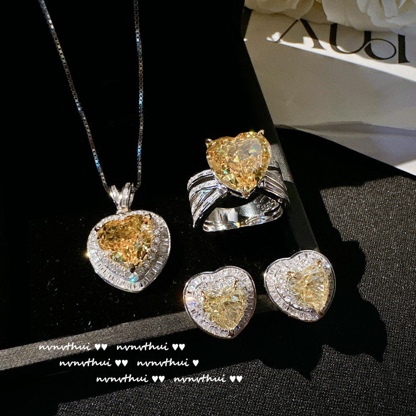 Canary tourmaline heart gemstone 925 silver ring Antique 925 silver goose yellow heart high carbon diamond necklace