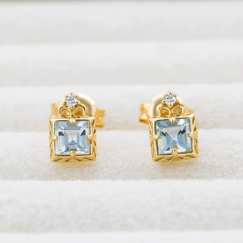 Dunli Jewelry Japanese nojess* same style simple square aquamarine zircon S925 silver plated 14k gold earrings