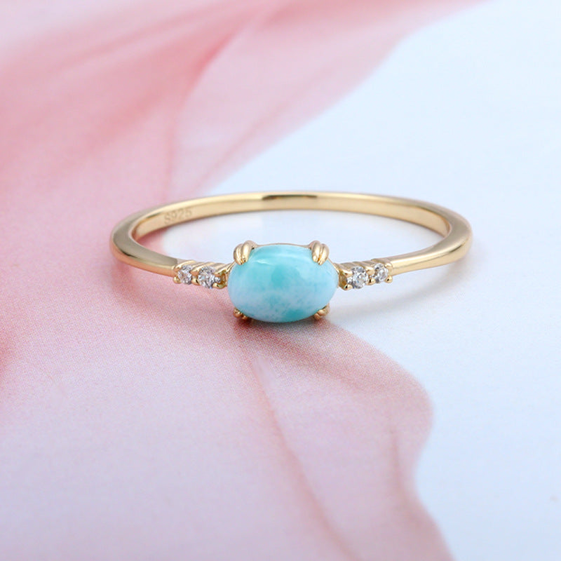 Japanese light luxury jewelry exquisite natural sea stone zircon ring super simple Larimar sterling silver