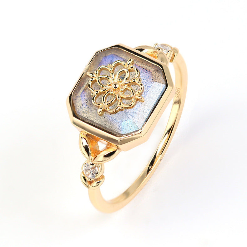 Jolics Retro Style Antique Series Jewelry S925 Silver Plated K Gold Natural Gray Blue Light Labradorite Ring