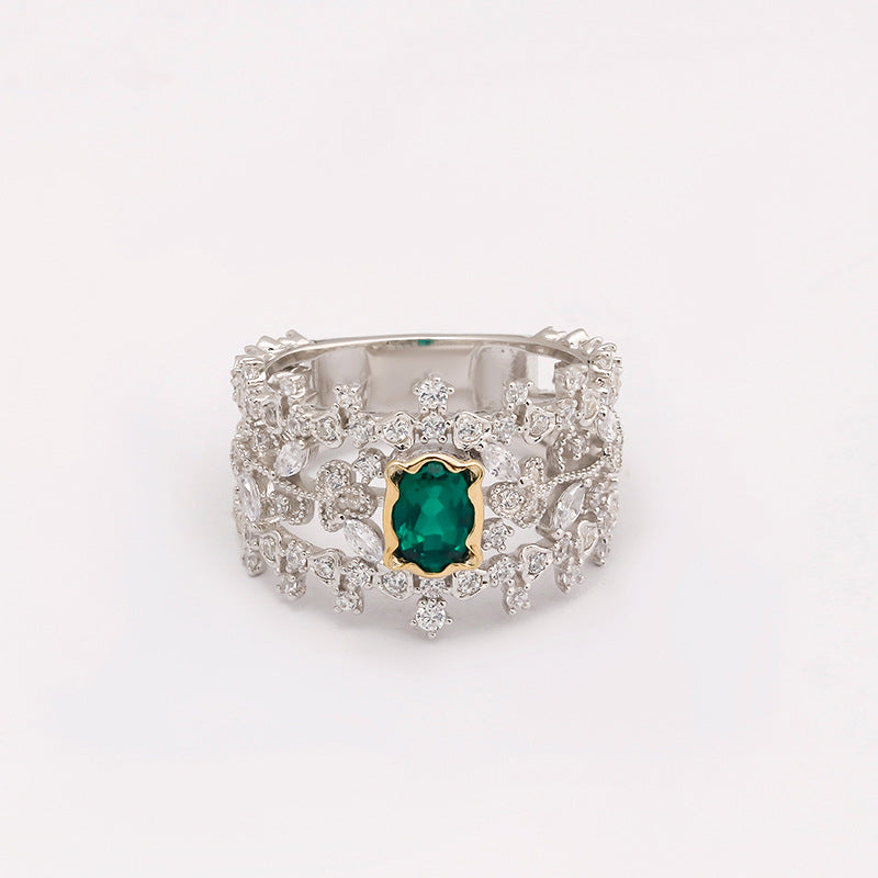 Dunli Jewelry Japanese Retro Light Luxury S925 Silver Plated 14K Gold Emerald Ring