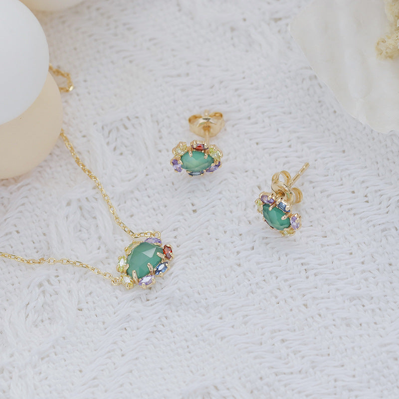 S925 necklace wholesale women's light luxury silver jewelry set pure natural green chalcedony irregular new Chinese design earrings