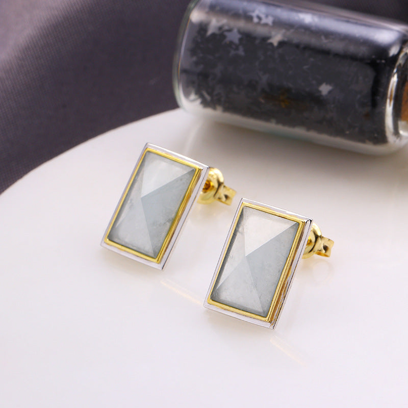 Japanese aget* jewelry, simple temperament, cold style, aquamarine square earrings, earrings for women, 925 silver, hypoallergenic