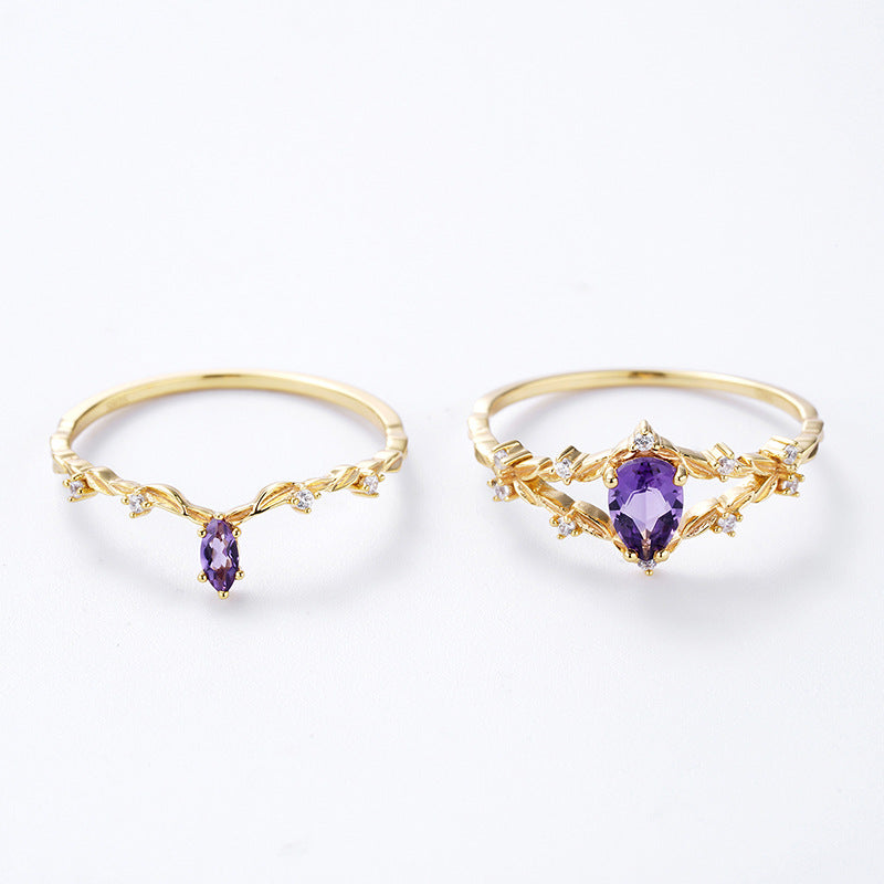 Japanese new light luxury S925 silver plated 14k gold amethyst set ring stacking style female ring ins trendy niche design