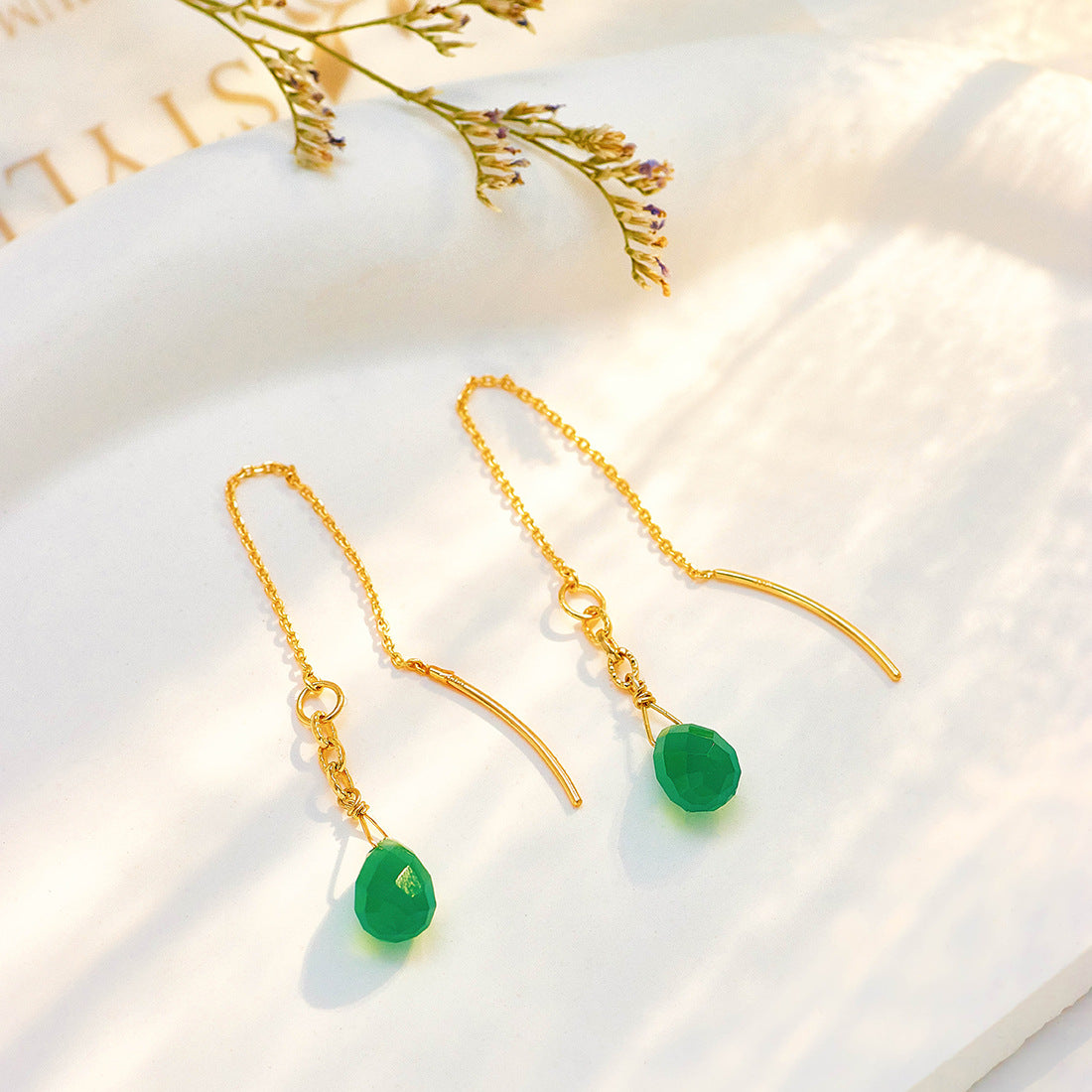 Factory direct sales aget* same style new Chinese retro ear wire natural green chalcedony 925 sterling silver temperament earrings for women