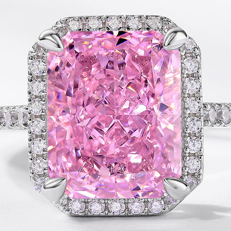 Jewelry S925 Silver Women's Ring Flashing Square Pink Ice Flower Cut High Carbon Diamond European and American Style Fashion Personality