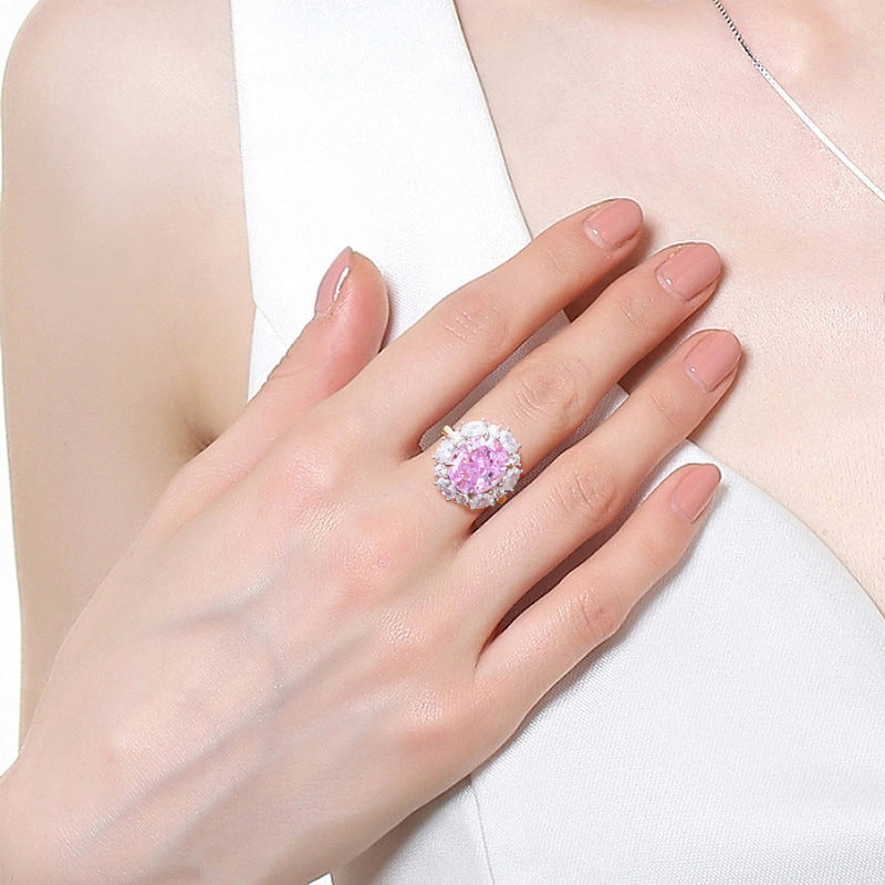 European and American style high carbon diamond pink diamond ring high-grade S925 silver ring holiday gift