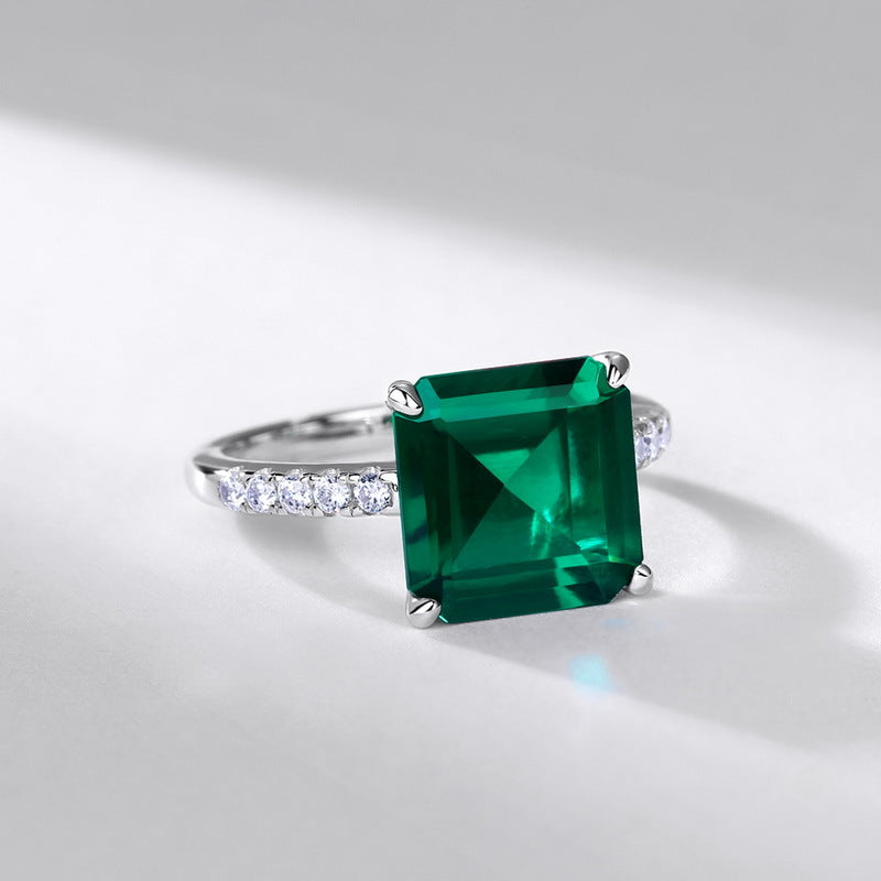 light luxury simple cultivated emerald ring S925 silver inlaid geometric square cultivated colored gemstone ring Europe and America