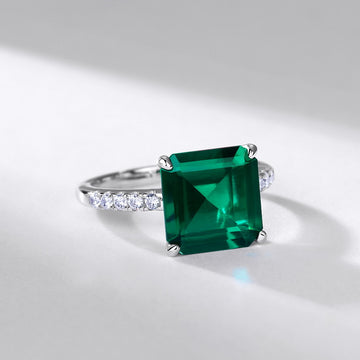 light luxury simple cultivated emerald ring S925 silver inlaid geometric square cultivated colored gemstone ring Europe and America