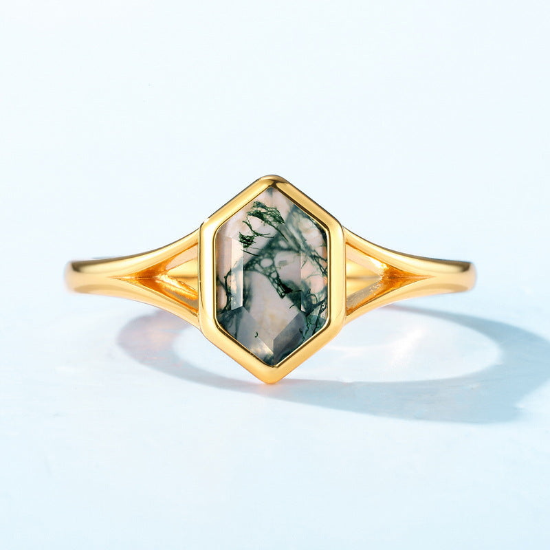 new S925 silver green moss stone ring live water grass agate ring European and American live broadcast independent station