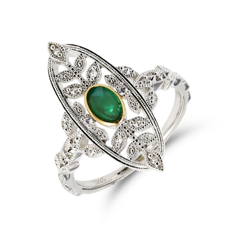 Jolics Jewelry Niche  Retro Light Luxury S925 Silver Green Chalcedony White Zircon Ring