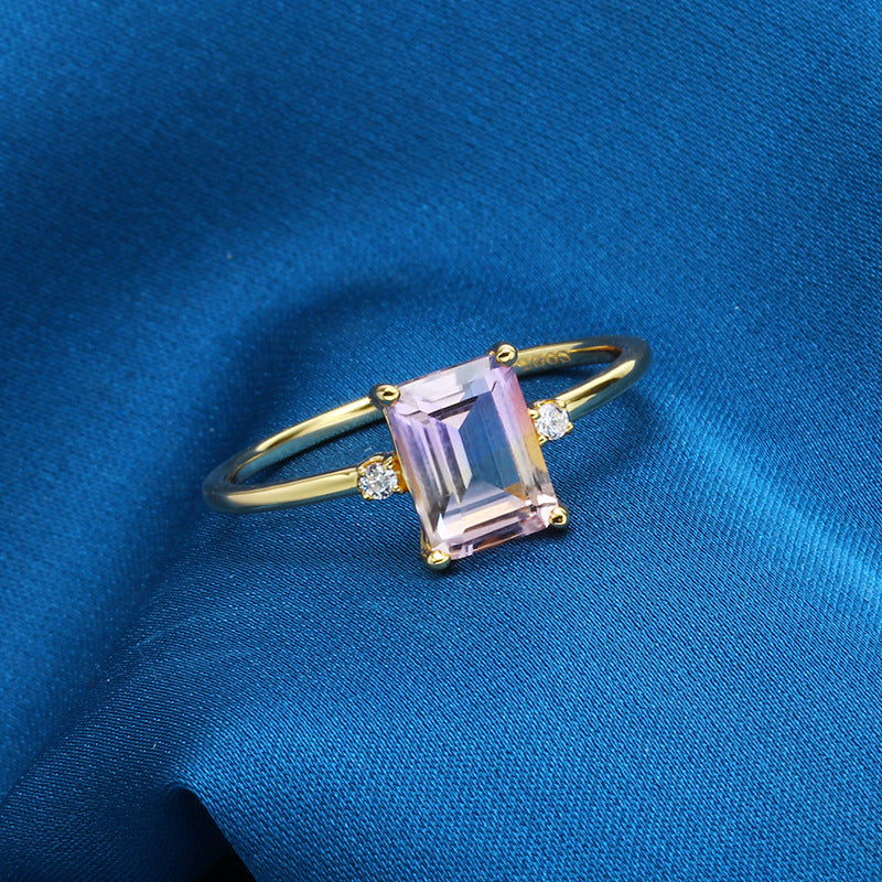 Dunli Jewelry 925 Silver Octagonal Rectangular Amethyst Ring Women Simple Geometric 14K Gold Plated Ring