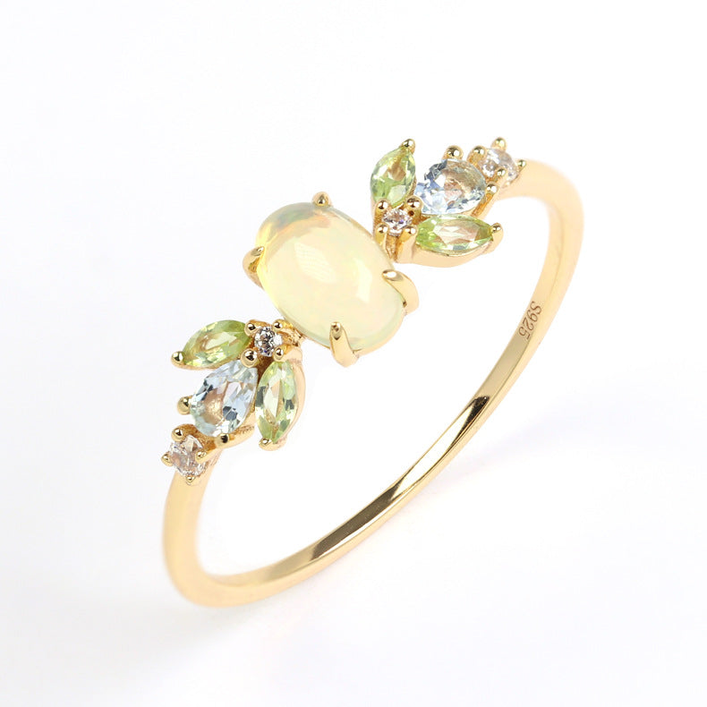 Japanese light luxury women's ring S925 silver gold-plated natural opal ring horse eye peridot high-end finger ring