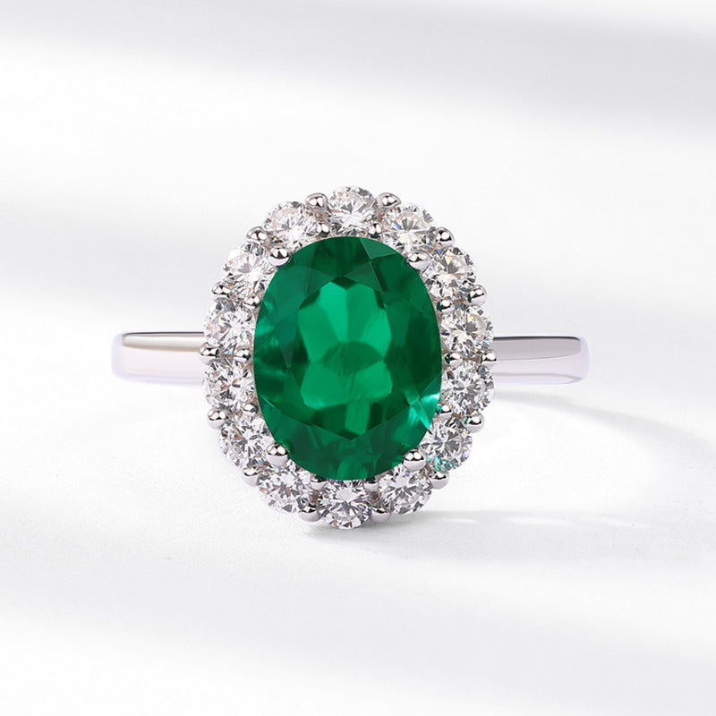 new egg-shaped cultivated emerald ring S925 silver surrounded by diamond colored gemstone finger ring European and American retro temperament