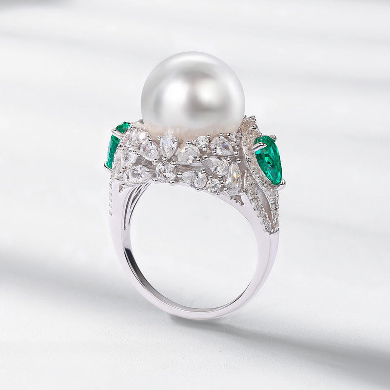 new white shell pearl ring S925 silver emerald green colored gemstone finger ring European and American light luxury retro noble temperament