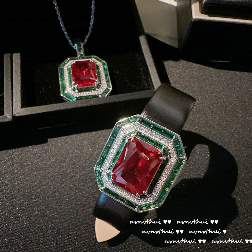 Austrian pomegranate ruby ??silver necklace Vintage peacock green wine red vortex zircon 925 silver ring bracelet