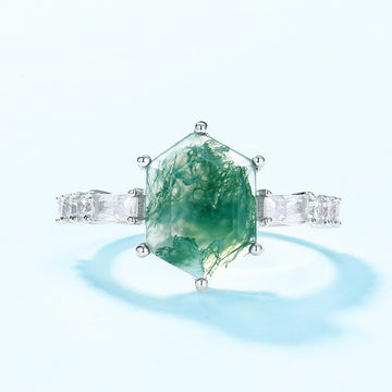 new unique geometric natural water grass agate stone ring S925 silver green moss fashion finger ring European and American style