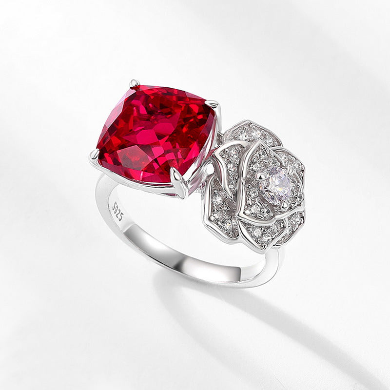 hot-selling S925 sterling silver inlaid with cultivated ruby ring female light luxury European and American style simulation rose index finger ring customization