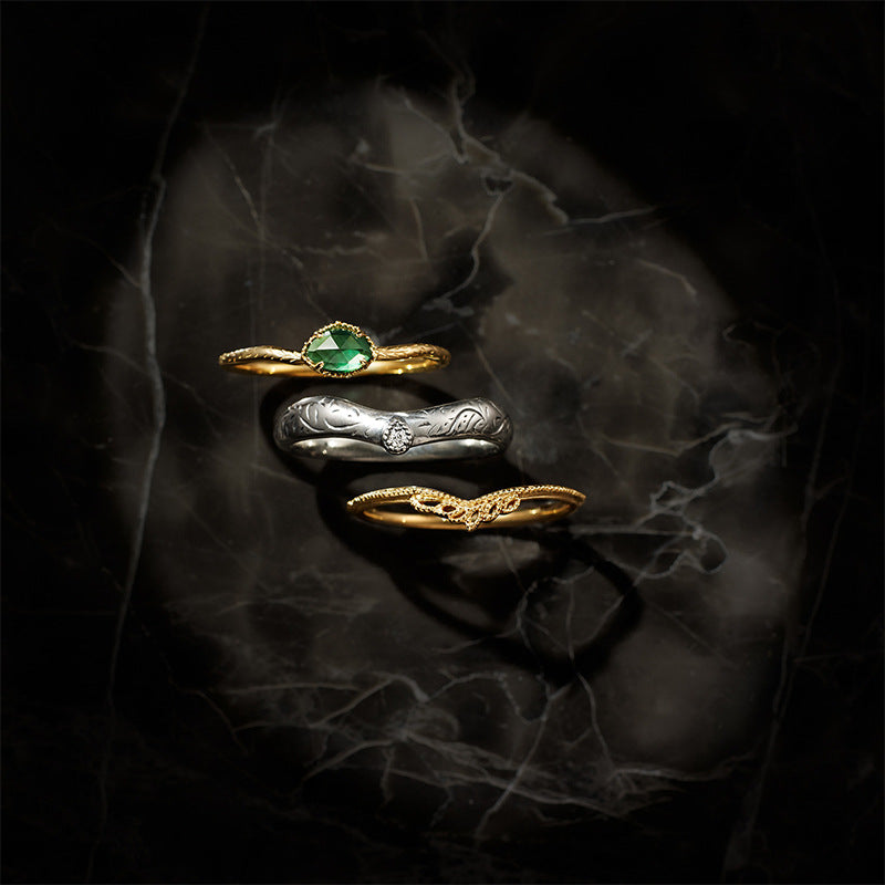 aget* 22nd Christmas limited edition ring set Vintage leaf carved natural green chalcedony ring three-piece set