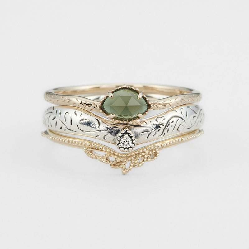 aget* 22nd Christmas limited edition ring set Vintage leaf carved natural green chalcedony ring three-piece set