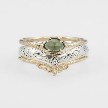 aget* 22nd Christmas limited edition ring set Vintage leaf carved natural green chalcedony ring three-piece set