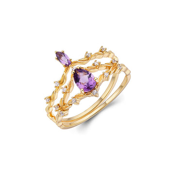 Japanese new light luxury S925 silver plated 14k gold amethyst set ring stacking style female ring ins trendy niche design