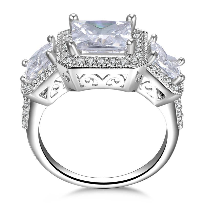 Princess Cut Halo Three Stone Engagement Ring - jolics