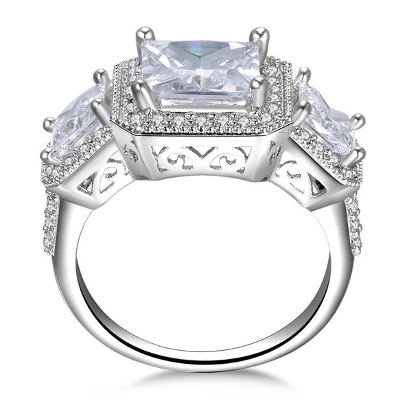 Princess Cut Halo Three Stone Engagement Ring - jewel-inside