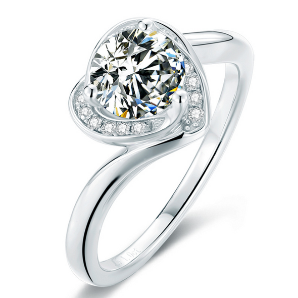 Moissanite Heart-Shaped Halo Round Cut Sterling Silver Engagement Ring