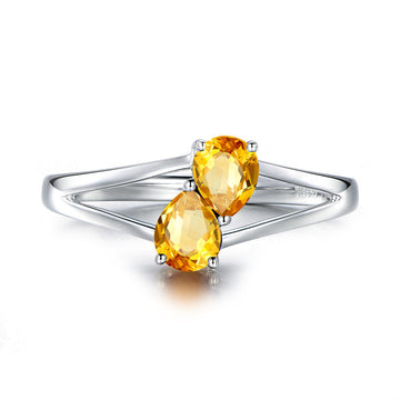 Jolics Pear Cut Two Stone Natural Citrine Silver Ring